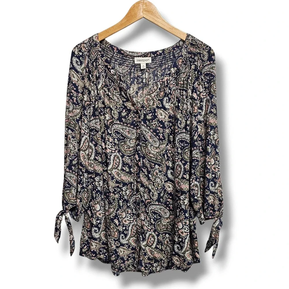 Westport Peasant Top 1X Womens Navy Paisley Smocked Tie Sleeve Button Front Boho